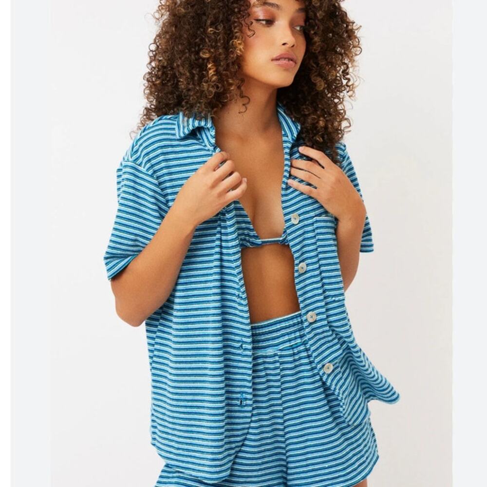 NWT Frankies Bikinis Coco Terry Button Up Shirt Large Blue Stripe Cover Up
